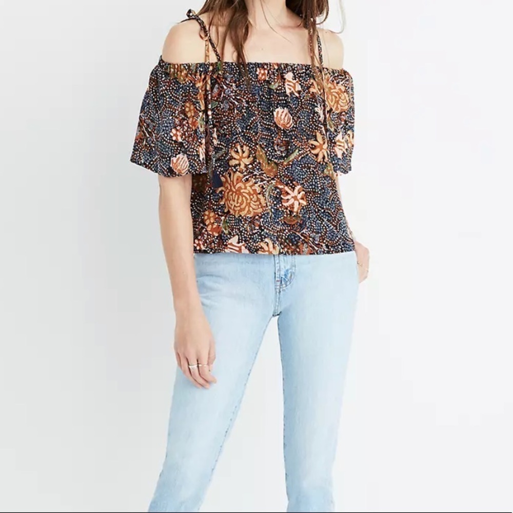 Madewell 100% Silk Cold Shoulder Tie Strap Brown Tan Floral Print Top Size XS